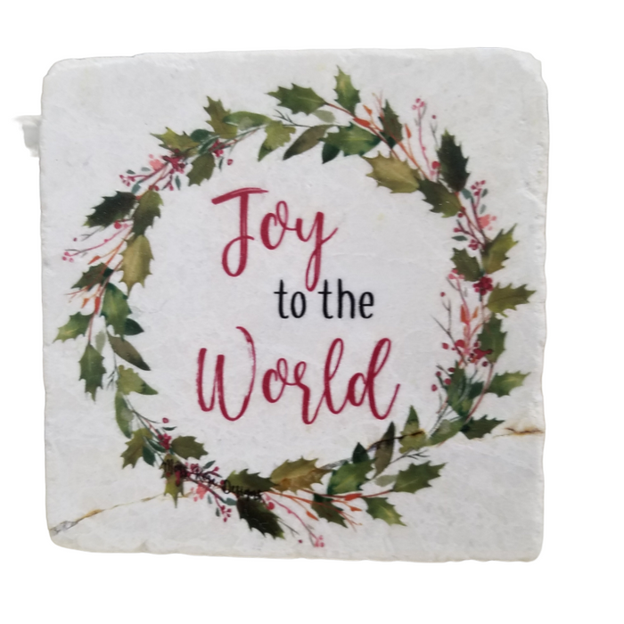 Joy to the World Holly Garland Wreath Marble Coaster